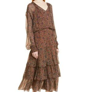 Veronica Beard Tunis Tiered Midi Dress- Brown Multi Pattern- Size 6